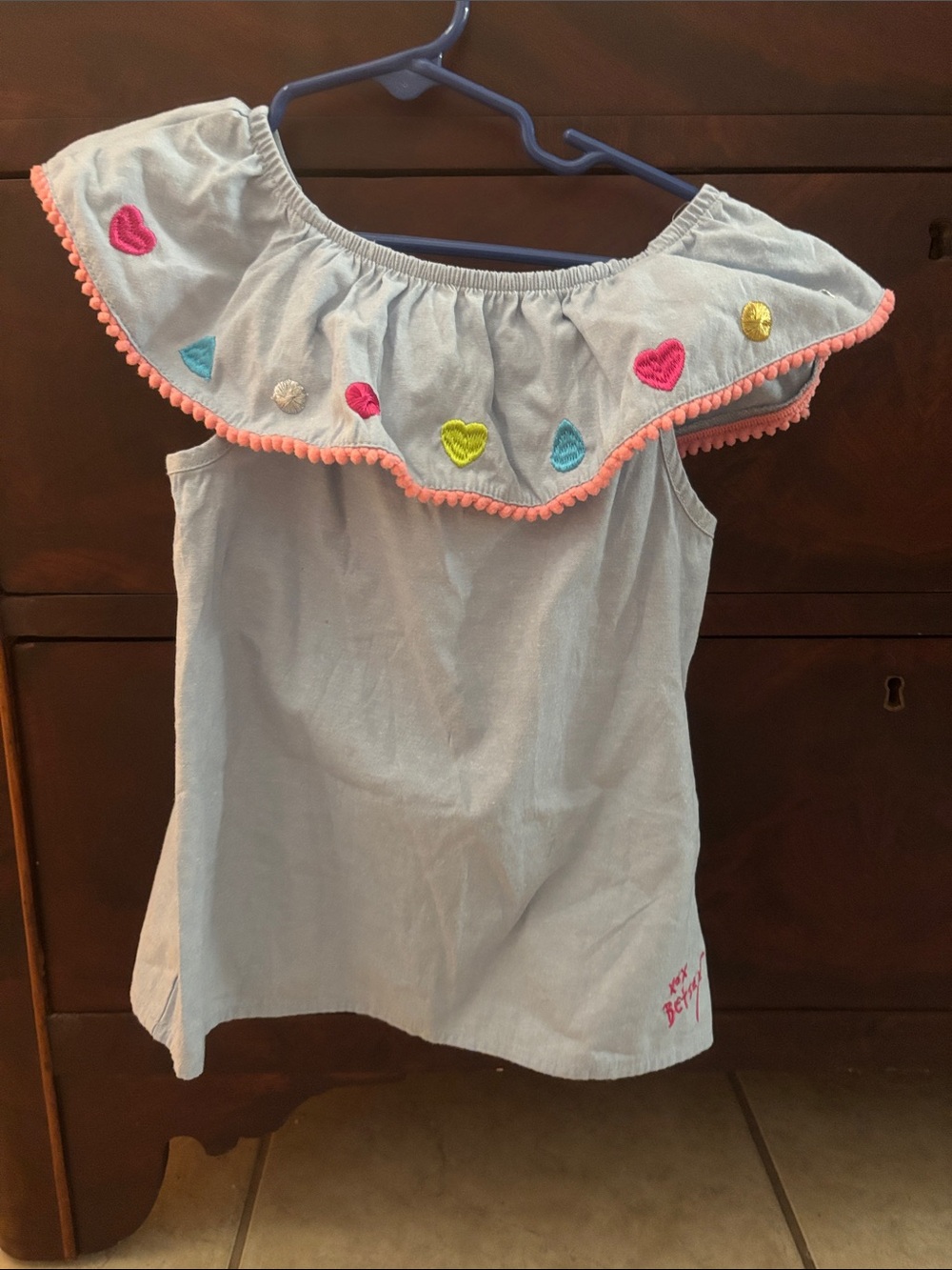 Betsey Johnson Light Blue Off-Shoulder Top with Pink Pom Trim